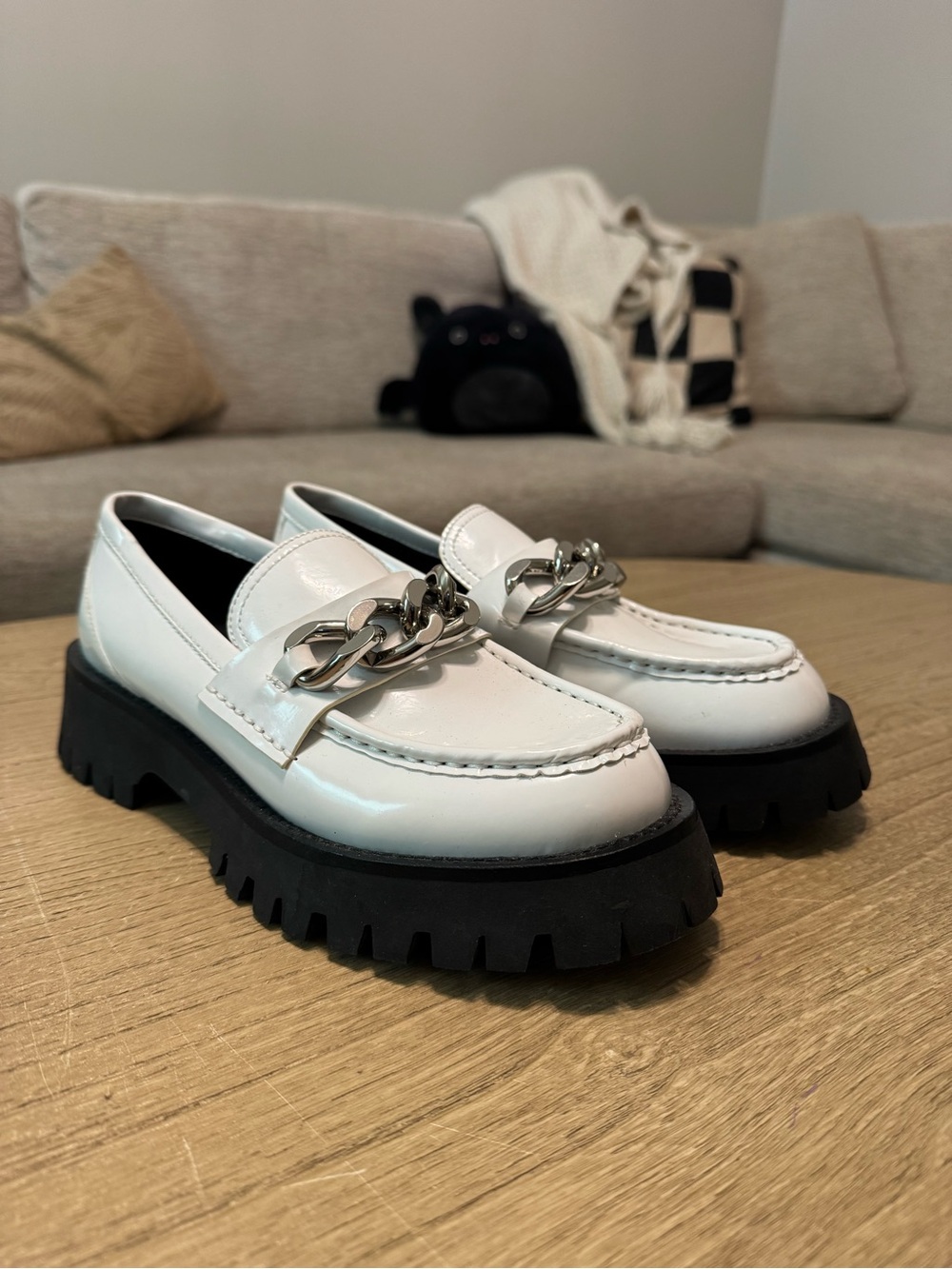 Jeffrey Campbell White Platform Loafers with Silver Chain